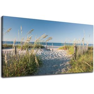 Sea Beach Canvas Wall Art Blue Ocean Pictures Wall Decor Coastal Reeds Nature Prints Seascape Painting Artwork for Living Room Bedroom Office Wall Decoration Framed 20" x 40"