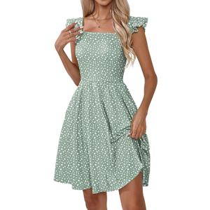 Naggoo Women's Summer Dresses Casual Square Neck Floral Sundress with Pockets A Line Flowy Beach Dress (Green, L)
