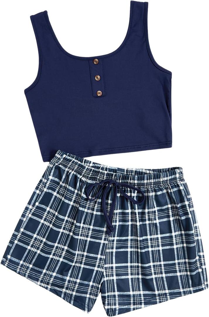 SOLY HUX Women's Pajama Sets 2 Piece Lounge Sets Button Tank Top and Plaid Shorts Sleepwear (Dark Blue), L