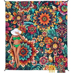 Beach Blanket Waterproof Sandproof, Bohemian Flowers Oversized Extra Large Beach Mat 83"95"/8  7 FT for 1-7 Adults for Picnic Travel Hiking, Quick Drying Lightweight Camping Vacation Essentials