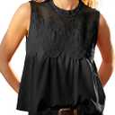 Funlingo Womens Lace Tank Top Sleeveless Flared Mesh Swing Blouse Dressy Casual Babydoll Shirts Elegant Summer Outfits (Black, L)
