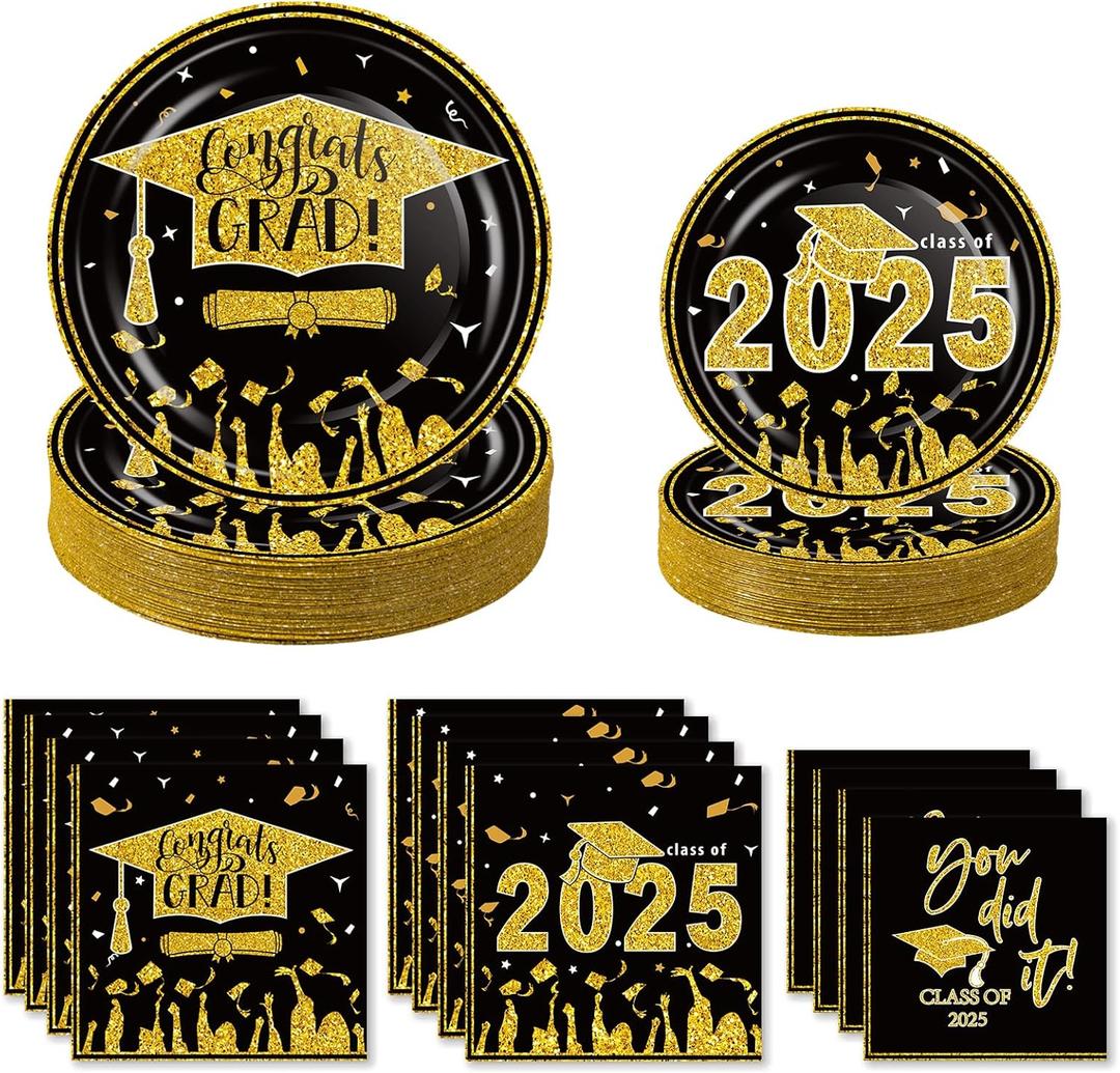 kockuu Graduation Party Plates and Napkins Blue and Gold 2025 Graduation Party Disposable Paper Plates and Napkins for for Class of 2025 Congrats Grad Party Decorations Supplies, Serves 50