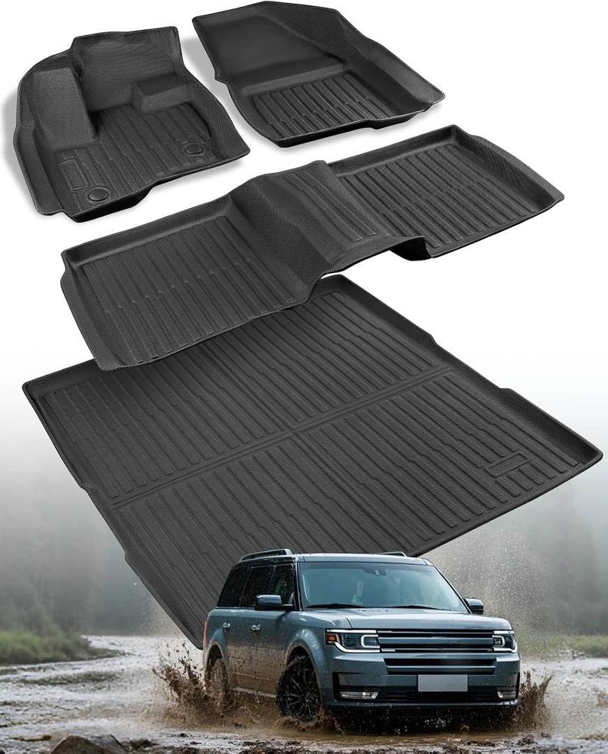 All-Weather Floor Mats Custom Fit for Ford Flex 2009-2019 (Not Fit with Optional 2nd Row Console), Heavy Duty TPE Trunk Mats Cargo Liner & Front Rear Row Protection for Automotive Car Accessories