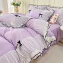 IHOUSTRIY Kid Duvet Cover Full Size, Ruffle Beddding Set with Bowtie, 3 Pieces Comforter Cover Set with Zipper Closure, Girl Bedding with Pillowcase - Purple, Full, Comforter Not Included