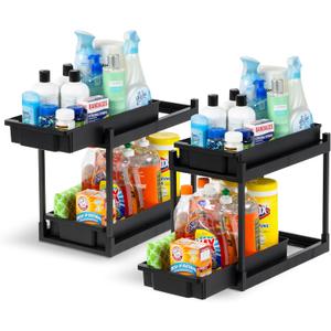 IRIS USA Under Sink Organizer, 2 Pack, Pull Out Under Cabinet Organizers and Storage, Kitchen Shelf Pantry Bathroom Under Counter, Cleaning Supplies, Vertical Spice Rack Slide Out Drawer, Easy Install