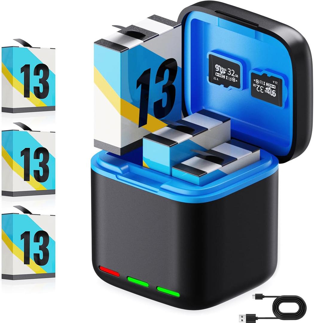 Battery Charger for Hero 13 Black, 3-Pack 2200mAh Battery USB Storage 3-Channel Fast Charger Fully Compatible with GoPro Hero 13 Black Official with Micro SD Card Slot
