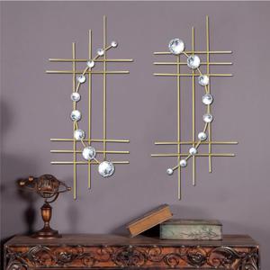 ZEXUIRU 2 Set Bling Metal Wall Art Jeweled crystal Hang wall Decor Rhinestone Diamond Iron Abstract Wall Sculpture Gold (16.5 inch)