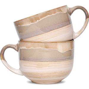Bosmarlin Large Ceramic Coffee Mug Set of 2, Stoneware Jumbo Latte Mugs for Office and Home, 16 Oz, Dishwasher and Microwave Safe(Brown Grey, 2)