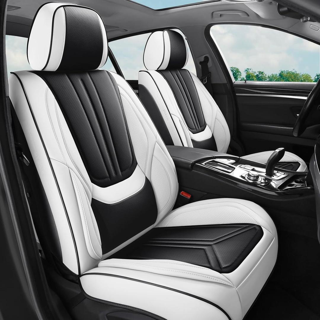 Car Seat Covers Full Set White Black, Luxury Leather Car Seat Covers, Waterproof and Breathable Seat Covers, Universal Car Seat Protector Fit for Cars, Trucks, SUVs, Pick-ups (Full Set)