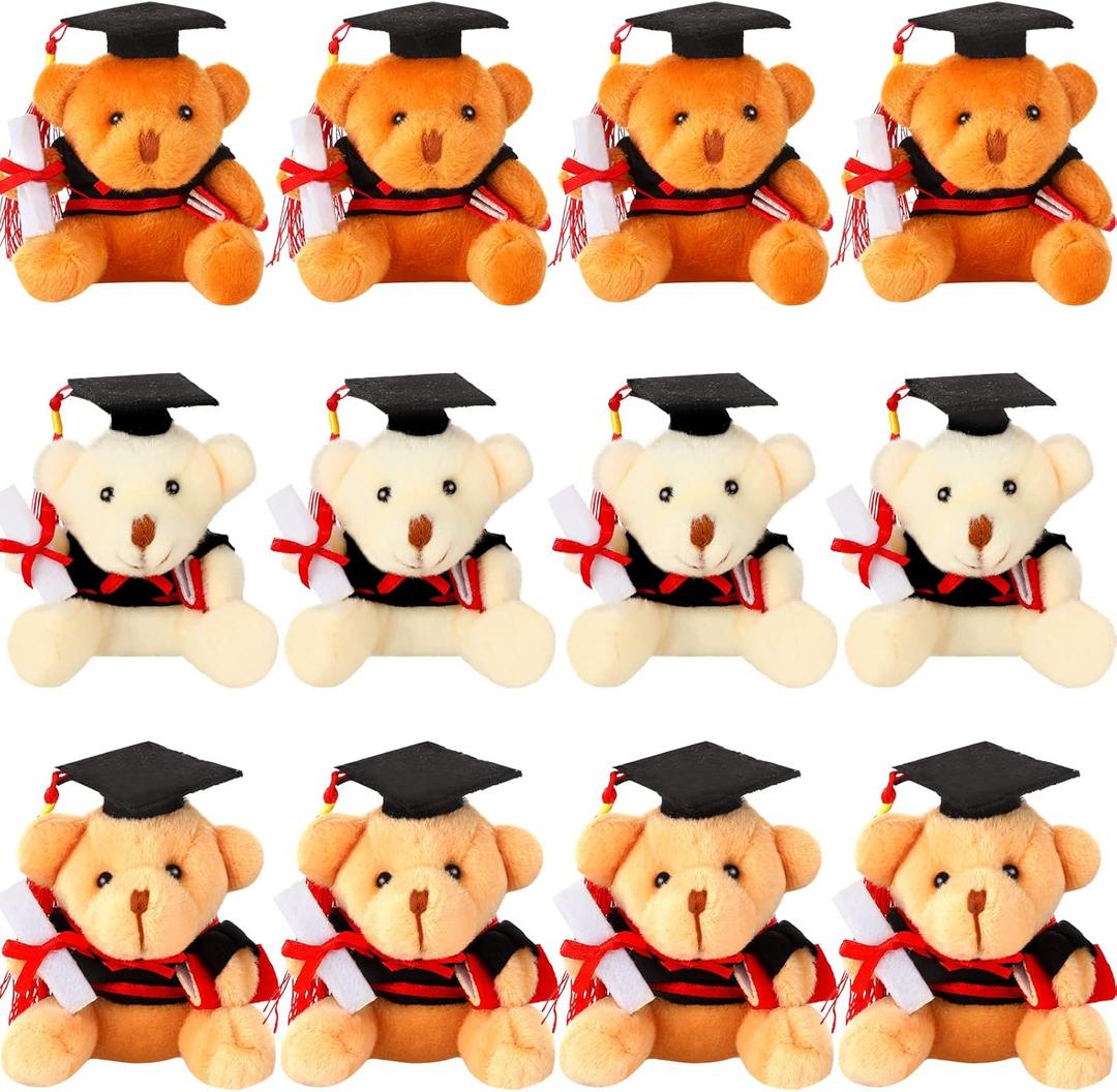 Zomiboo 12 Pieces Graduation Bears Class of 2025 Mini Grad Bear Stuffed Animal 3.54 Inches with Cap Preschool Graduation Gifts Bulk Tiny Detachable Plush Keychain DIY Party Favors(Black Cap)