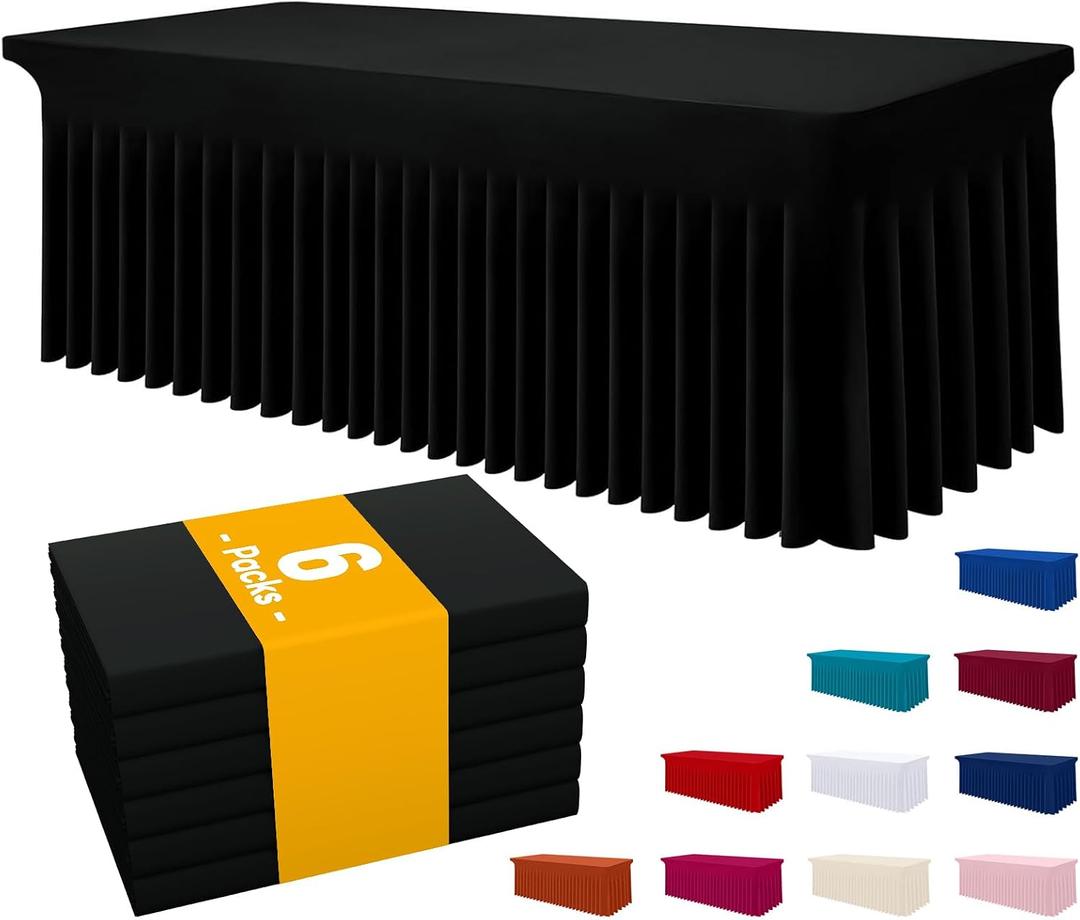 Smiry Spandex Tablecloth 6 Pack, Elastic Fitted Stretch Tablecloth for 6FT Rectangle Tables, Waterproof Washable Table Cover Skirt for Wedding, Banquet & Parties (Black, 72Lx30Wx30H Inch)