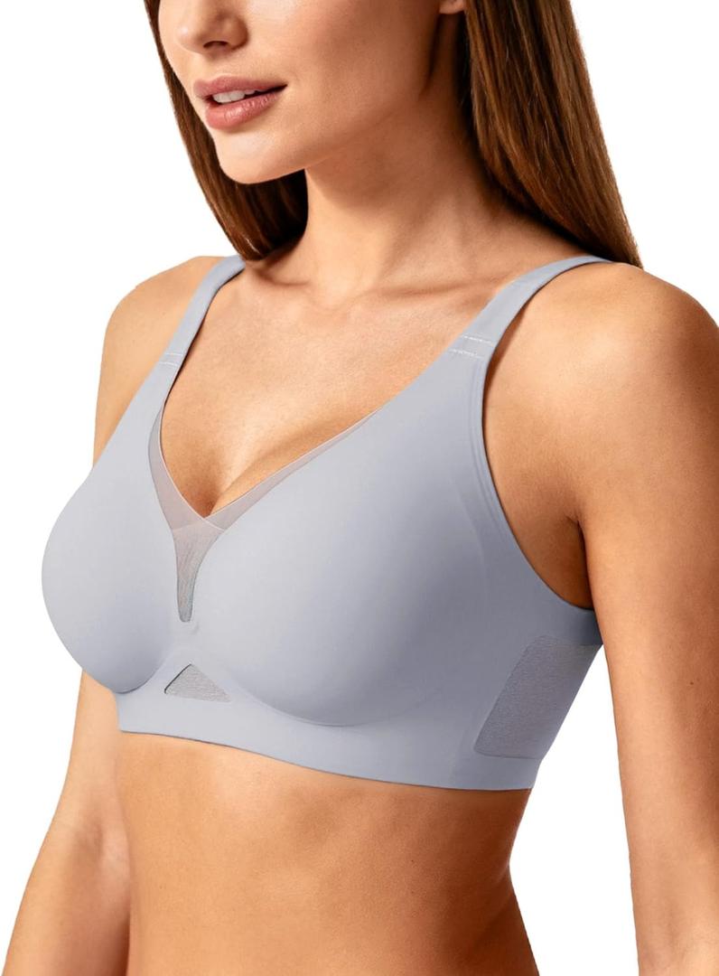 As Fairy Womens Sexy Deep V Mesh Wireless Bra Seamless Bralettes, Soft Support Breathable Comfort Daily Wear Brassiere (36DD, Gray Blue)