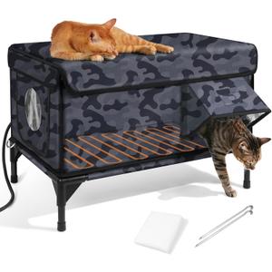 Heated Cat House for Outside,Dual Camera Mounts,100% Weatherproof & Extremely Insulated,Elevated Feral Cat Shelter with Escape Door,Waterproof Eaves for Outdoor Stray Barn Cat(Dark Camo,M) (23.6"L x 16.5"W x 18.5"H)