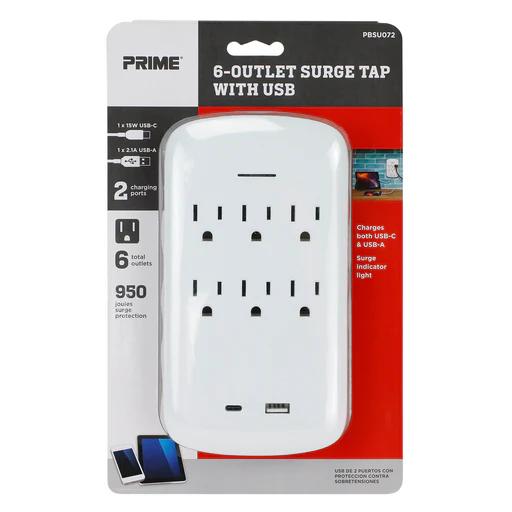 Prime Wire and Cable 6-Outlet Surge Protector Wall Tap with USB-C and USB-A Charging Outlets in White