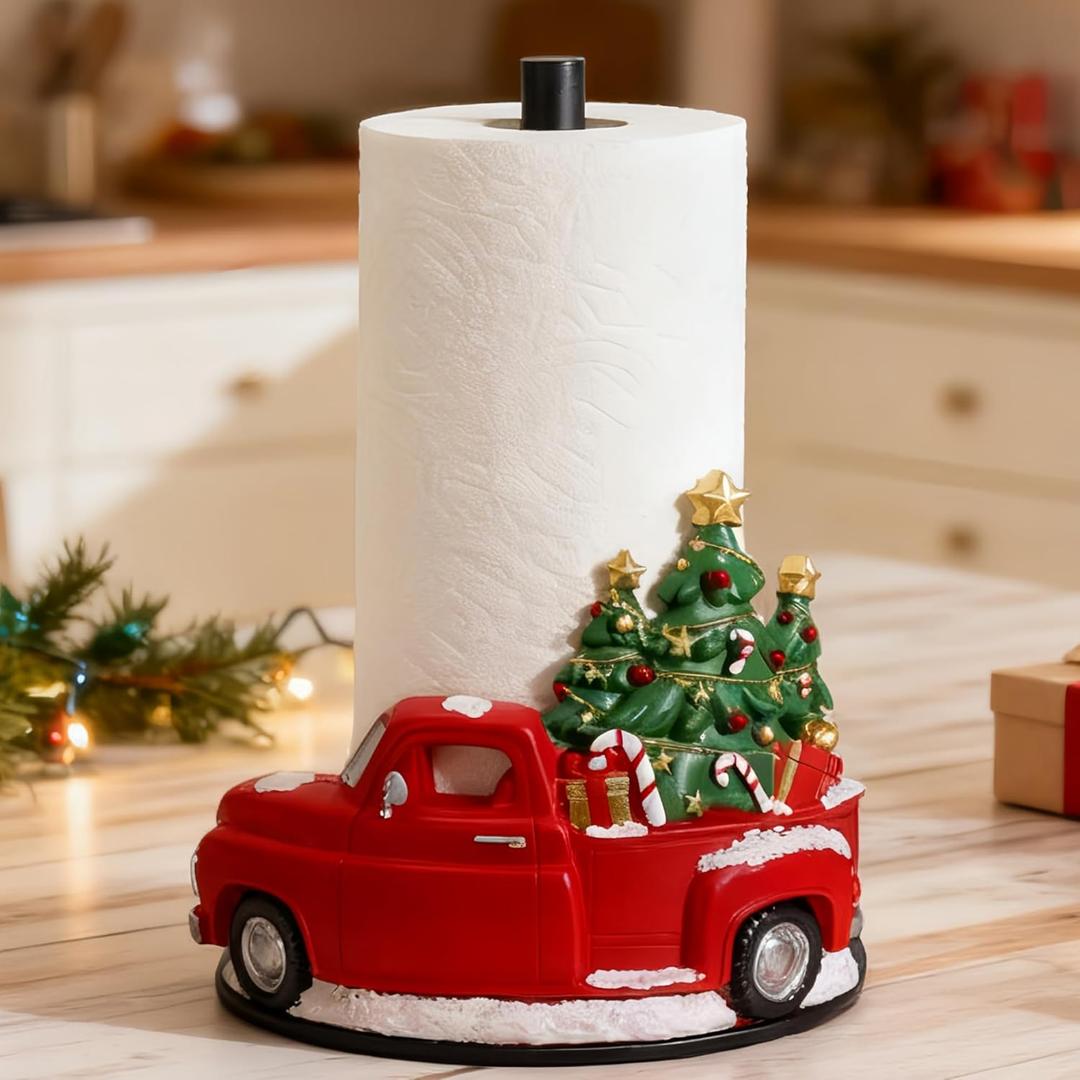 Christmas Red Truck Paper Towel Holder, Rustic Red Truck Christmas Decorations for Kitchen Bathroom & Home, Christmas Tree Farmhouse Counter Decor, Resin Stainless Steel Stand, Winter Xmas Gift Idea
