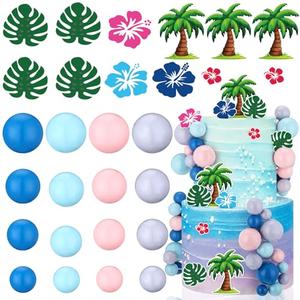 Leinuosen 72 Pcs Cartoon Cake Topper Hawaiian Birthday Cake Decoration with Pink Blue Balls Tropical Flower Decor Hawaiian Theme Birthday Party Supplies
