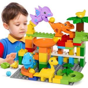 burgkidz Marble Run Building Blocks Dino Toys: STEM Ball Race Track for Boys & Girls with Functional Dinosaur Building Blocks, Marbles Maze Game Toy Set for Kids Ages 3 4-8