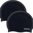 2pcs Silicone Swim Cap for Kids 6-14, High Elasticity Comfortable Non-Slip Swimming Cap for Girls & Boys, Durable Waterproof Swim Hats for Long and Short Hair, Keep Hair Dry (Black & Black)