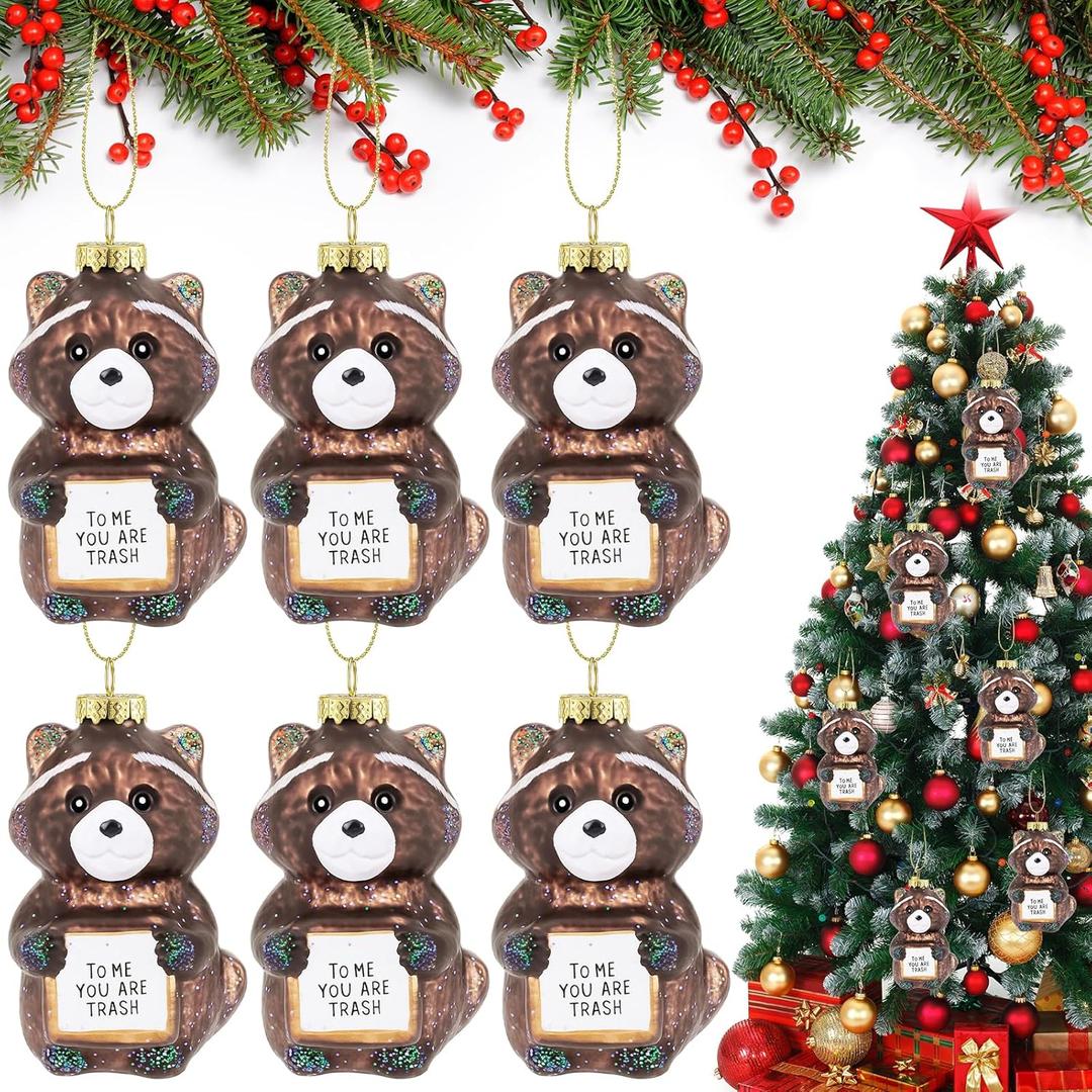 6 Pcs Raccoon Christmas Ornament Funny Raccoon Gifts Glass Blown Christmas Tree Hanging Ornament, Handmade Sparkling Glass Xmas Decorations for Women, Birthday Party