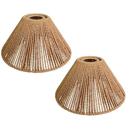 2 Pack Woven Rattan Lampshades, Conical Boho Style Pendant Light Shades, Small Lamp Shade Replacement for Floor Lamps, Pendant Lights, Table Lamps
