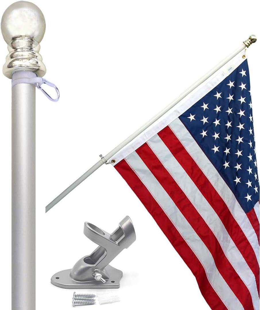 American flag and pole kit set: Includes a 3x5 ft Embroidered US flag made in USA, 6 ft aluminum tangle free spinning flag pole with carabiners, and flagpole holder wall mount bracket (Silver)