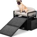 Non Slip Dog Ramp with Seat & Storage Drawers,Extra Wide Doggie Stairs,Metal Frame Puppy Chair for High Bed Couch Office,Dachshunds Ladder,Washable Cushion Pet Step for Small Old Pets Khaki