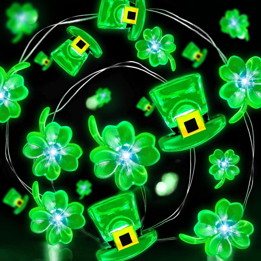Timer - St Patricks Day Decorations Shamrocks Leprechaun Hat Lights 10FT 40LED Green Lucky Clover Fairy String Lights Battery Operated Irish St. Patrick's Day Decor Indoor Outdoor Home Bedroom Party
