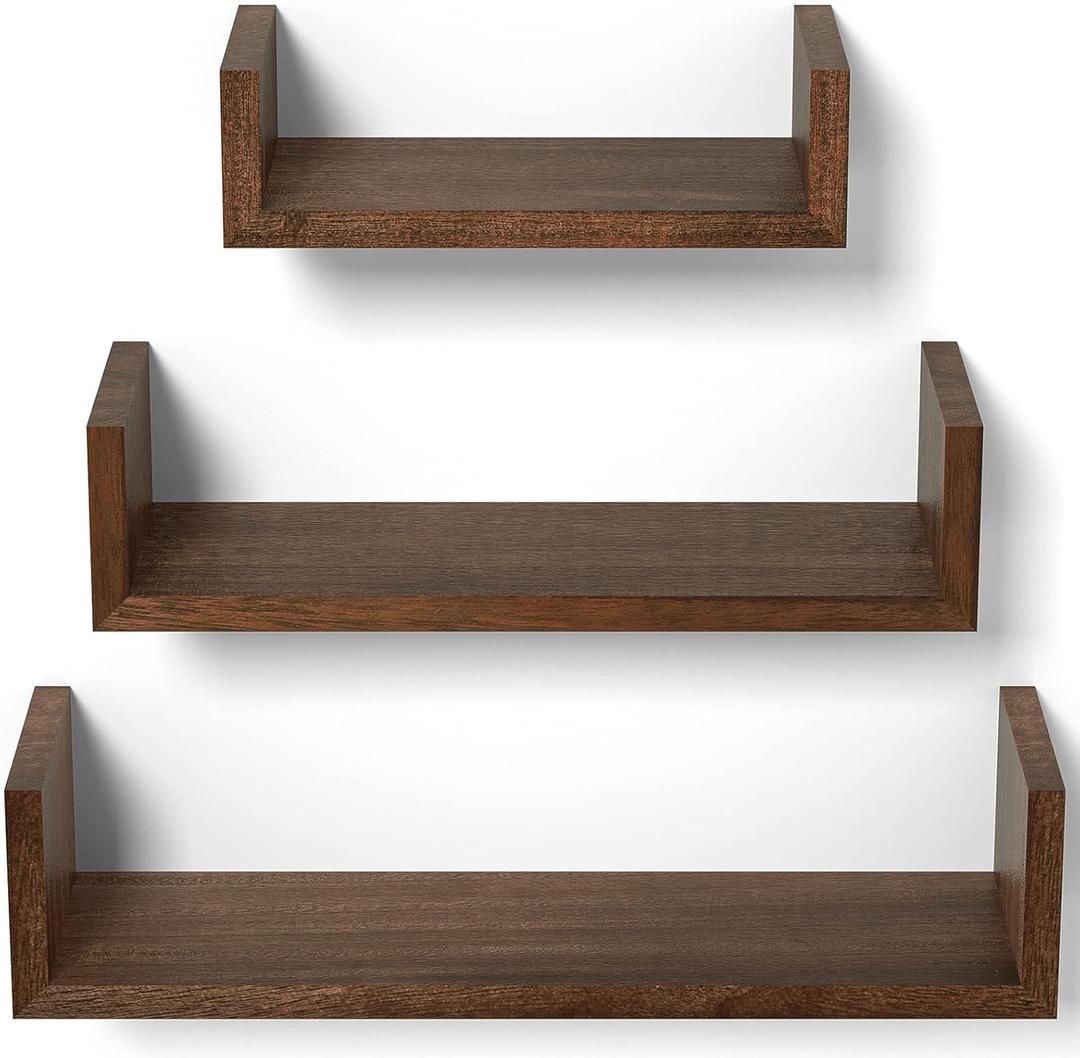 SRIWATANA Floating Shelves Wall Mounted, Solid Wood Wall Shelves Set of 3, Dark Brown