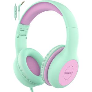EarFun Kids Headphones Wired with Microphone, 85/94dB Volume Limit Headphones for Kids, Portable Wired Headphone with Shareport, Stereo Sound Foldable Headset for School/Tablet/iPad, Green Violet