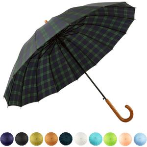 SoulRain 16 Ribs 48" Stick Umbrella Auto Open Solid Color Fashionable and SimpleArc Classic Wood HandleWindproof Unbreakable Stick Rain Umbrella