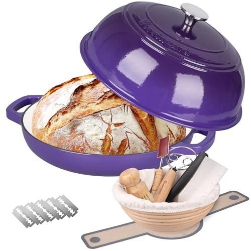 VORRINGARD Enameled Cast Iron Dutch Oven Pot with Lid, Bread Oven for Sourdough Bread Baking, Dutch Ovens with Bread Proofing Basket& Baking Supplies Set, 6 Quart, Purple