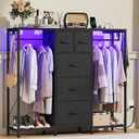 49.2W Dresser with 2 Hanging Racks, 5 Drawers Dresser with LED Lights & Charging Station, Dressers with Clothes Rack, Shoe Racks and Side Hooks, TV Stand Chest of Drawers for Bedroom, Black