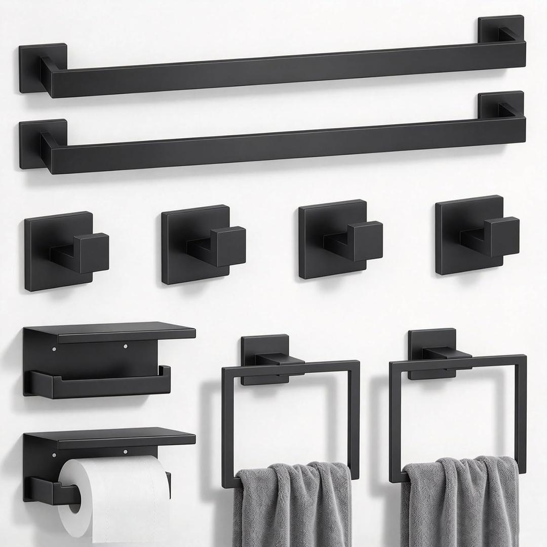 10-Piece Black Bathroom Hardware Set SUS304 Stainless Steel, 2×23.6" Towel Bars, 2 Towel Rings, 2 Toilet Paper Holders & 4 Towel Hooks Wall Mounted Bathroom Accessories Set