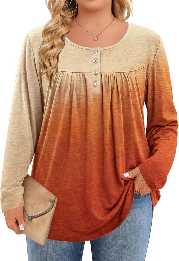 IN'VOLAND Plus Size Tops for Women Long Sleeve Shirts Crew Neck Casual Loose Tunic Blouse Fall and Winter (Size 4X, Orange)