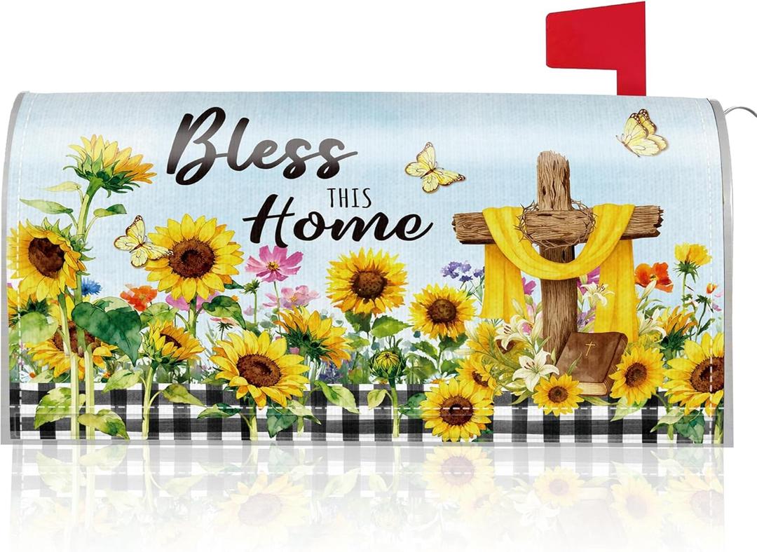 Easter Mailbox Covers Magnetic Standard Size, Sunflower Cross Bless This Home Mailbox Wraps, Farmhouse Christian Outdoor Garden Yard Decor