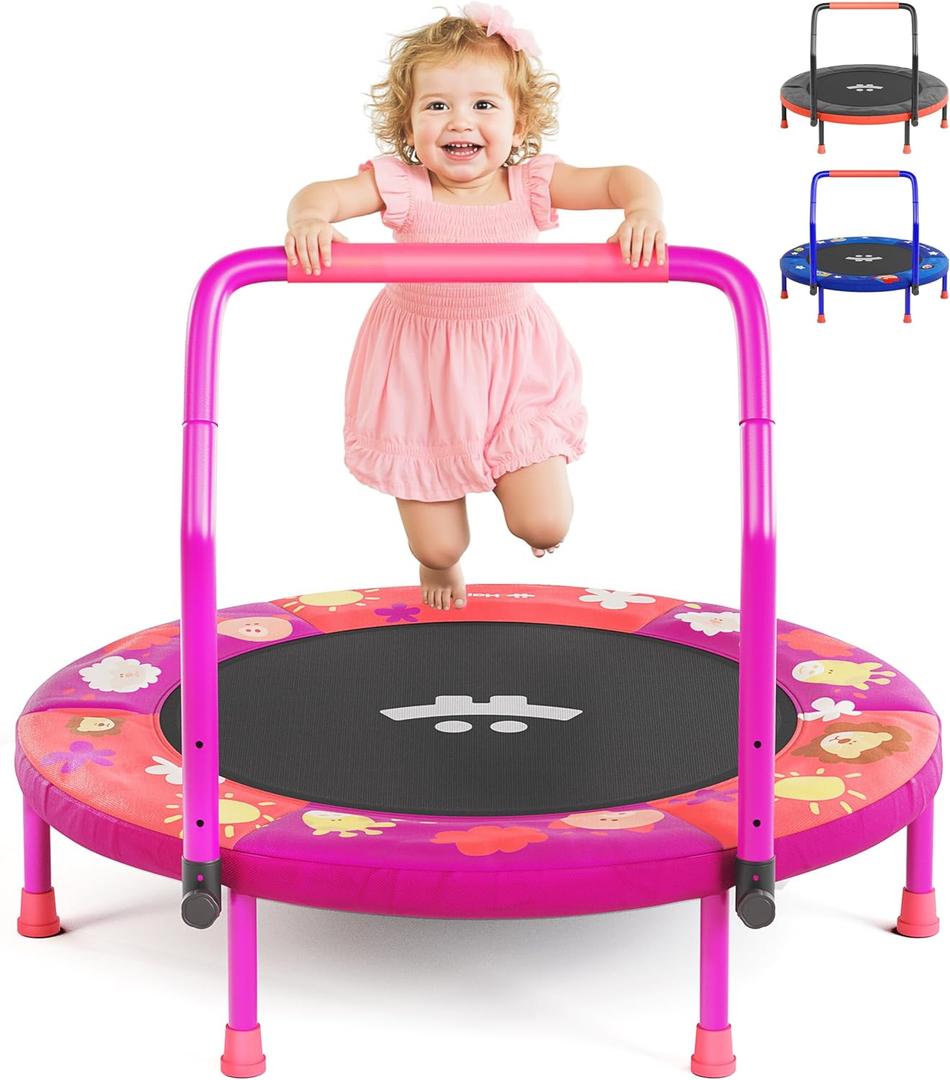 Happin 36" Mini Foldable Toddler Trampoline for Kids with Height-Adjustable Handle, Noise-Free Kids Trampoline Indoor with Super Safety Pad & Durable Steel Frame, Indoor/Outdoor (Purple and Coral)
