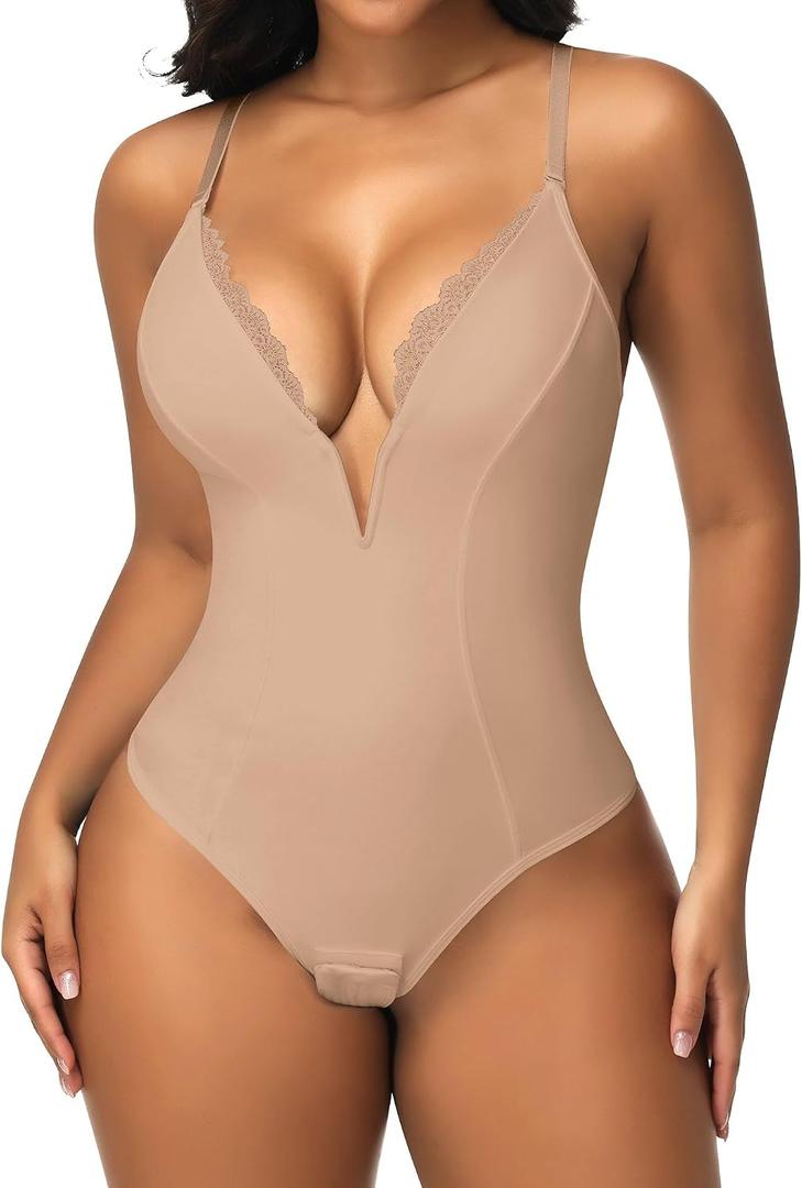 SHAPERIN Women's Lace Deep V Neck Cami Bodysuit Plunge Tummy Control Shapewear Thong Body Suits Double Lined Body Shaper (X-Large,Nude)