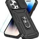 SunStory Compatible with iPhone 14 Pro Case with HD Screen Protector & Slide Camera Cover & Rotated Ring Kickstand, [Military-Grade] Phone Case for iPhone 14 Pro (BBlack)