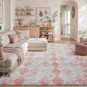 PureCozy Checkered Rug 8x10 Fluffy Shag Living Room Pink Area Rug Modern Washable Carpet Soft Shaggy Non Slip Indoor Plush Fuzzy Rugs for Bedroom Dorm Office Home Aesthetic Decor Boho Pink
