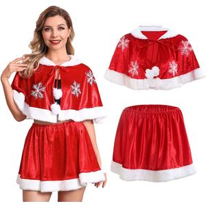 EVILD Christmas 2pc Fluffy Cloak Set Santa Claus Velvet Warm Cape Snowflake Party Skirt Xmas Costume for Women (Red)