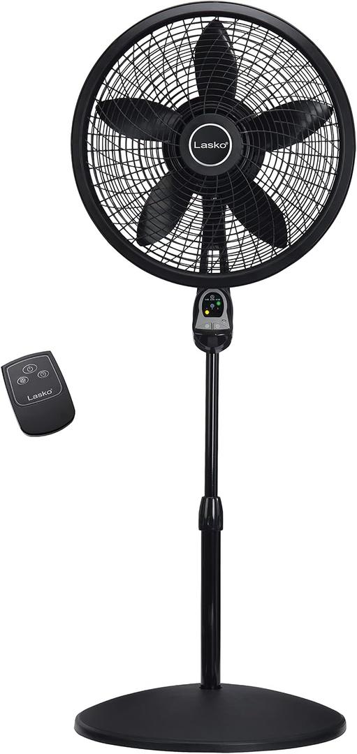 Lasko Oscillating Cyclone Pedestal Fan, Adjustable Height, Timer, Remote Control, 3 Speeds, for Bedroom, Living Room, Home Office, 18", Black, 1843