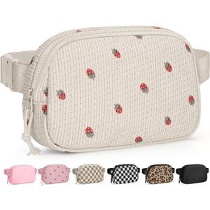 Pritent Fanny Packs for Women Cross Body Bag Waterproof Belt Bag with Adjustable Strap and Zipper Back Pocket Small Crossbody Bags Fashion Waist Packs for Workout Travelling(Strawberry Beige)