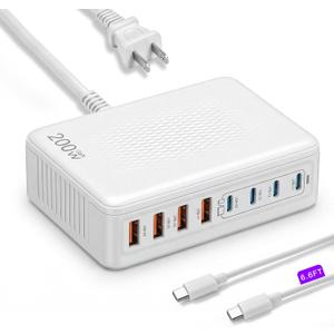200W USB C Charger Block GaN III, Upgraded 8-Port Fast Charging Station + 6.6Ft 3A Cable, PD 65W Laptop Charger Adapter Compatible with iPhone 17/16/15/14, MacBook Pro/Air, iPad, Galaxy S25/S24
