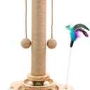 Cat Scratching Post, 4 in 1 Wooden Cat Scratcher Toy, 18.11" Tall Scratch Post with 2 Level Cat Track Balls, Interactive Feather Toy and 2 Sisal Hanging Balls for Indoor Kittens, Adult Cats