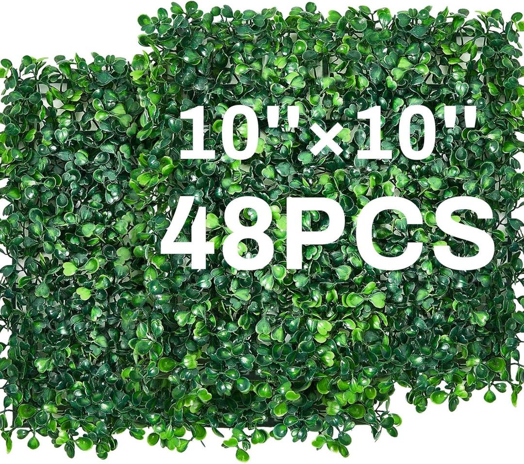 Crowye 48 Pcs 10 x 10 Inch Artificial Grass Wall Boxwood Hedge Panels UV Protected Grass Backdrop Wall Decor Greenery Privacy Hedge Screen for Outdoor Indoor Garden Fence Backyard Deco
