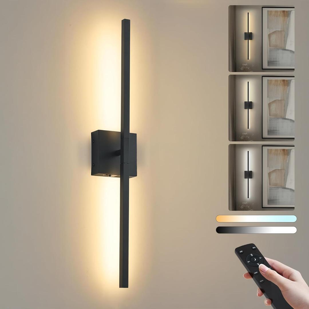1 Pack Wireless Wall Sconce Battery Operated Rotatable Modern Wall Lamp With Remote Control, Adjustable Light Color & Brightness Light for Bedroom Living Room, 28.3 Inch Black