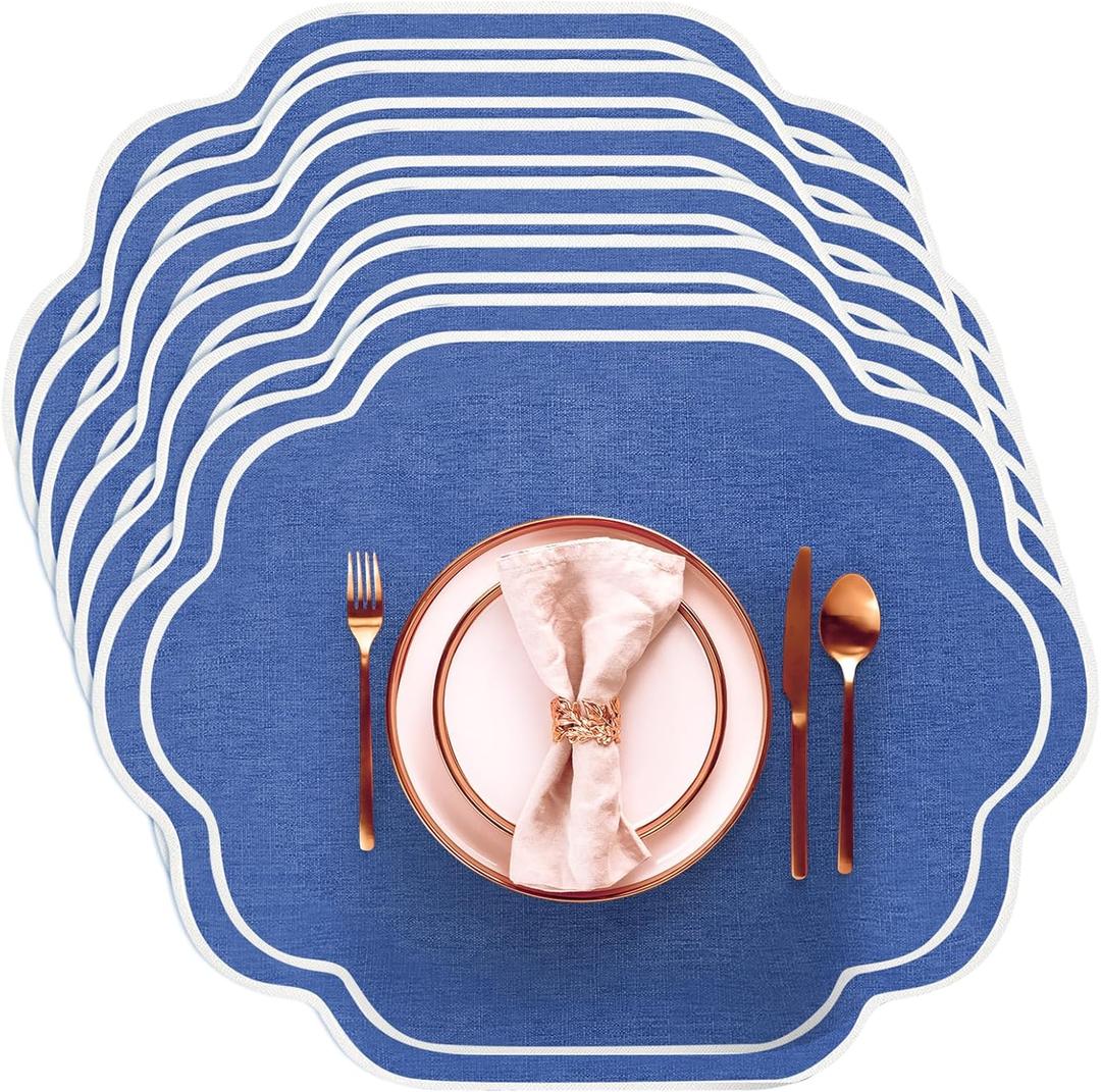 Breling 6 Pcs Navy Blue Wedding Placemats Scalloped Embroidered Cotton Linen Placemats 17" x 13" Double Layered Machine Washable Table Place Mat for Party Table Decor (Cotton)