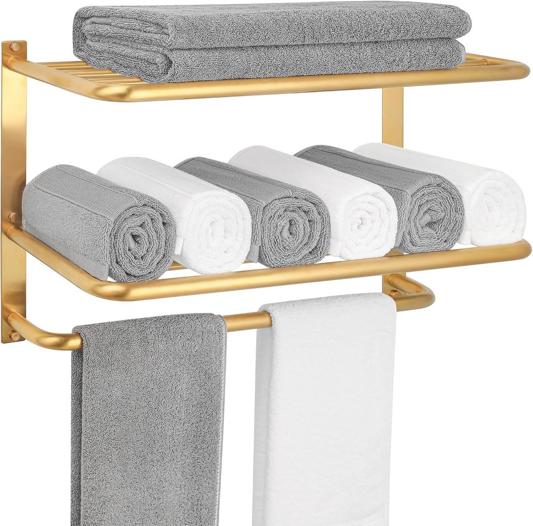 Towel Rack for Bathroom, DEWVIE 23 Inch Tower Holder with Tower Bars, SUS 304 Stainless Steel Lavatory Bath Towel Shelf Towel Hanger Wall Mount, 3-Tier (Brushed Gold)