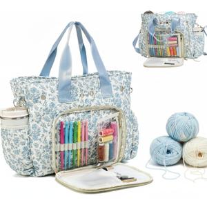 SilTriangle Large Blue Floral Quilted Crochet Knitting Bags and Totes Organizer Cotton Yarn Hook Bag Holder Christmas Corduroy Gift for Crochet Lover Crocheting Accessories, Needle with Zipper, Size L