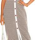 BTFBM Women Casual Summer Dresses Short Sleeve Striped Midi Dresses Decorative Button Ribbed Knit Dresses Party Dresses (Medium, Brown)